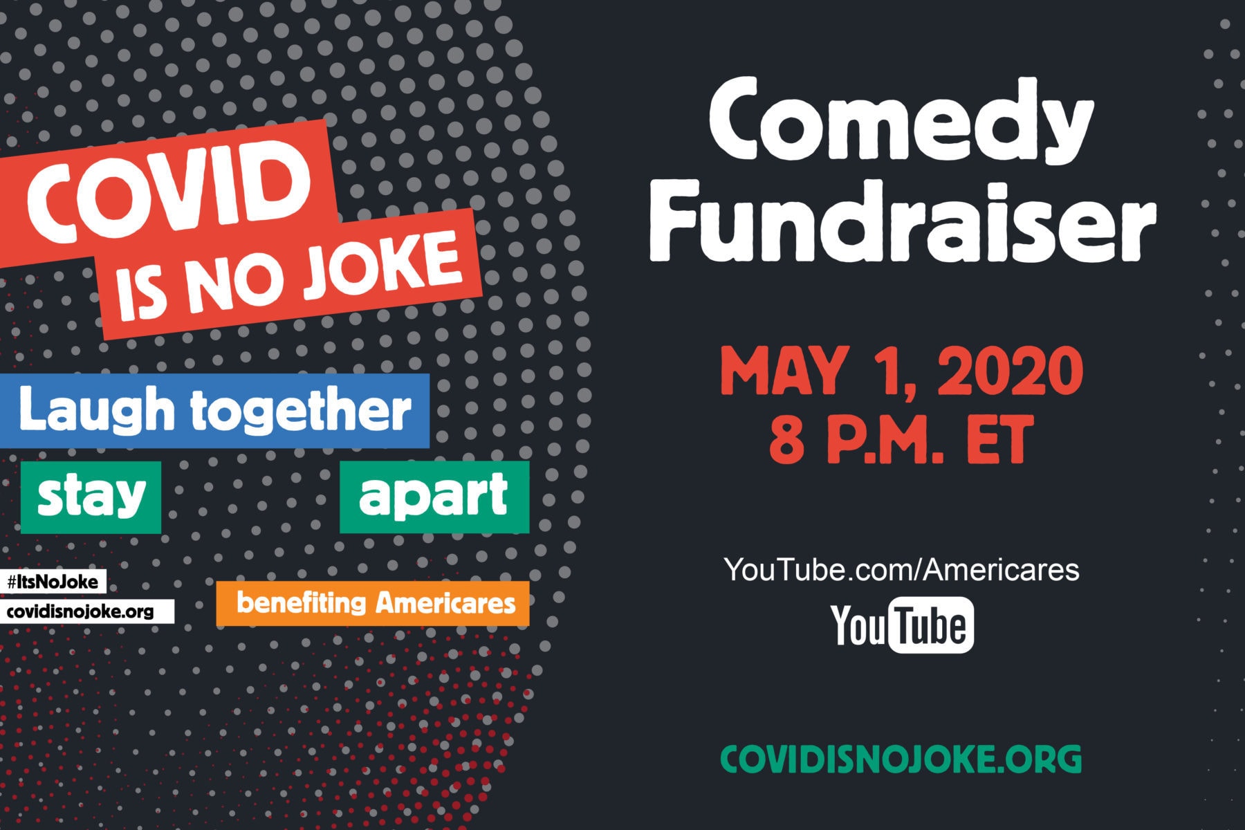 The COVID IS NO JOKE comedy show will be a night of levity, laughter and community in support of frontline health workers—the heroes of the COVID-19 pandemic. The show will air LIVE on covidisnojoke.org and Americares YouTube channel at 8 p.m. EDT, benefitting Americares COVID-19 response